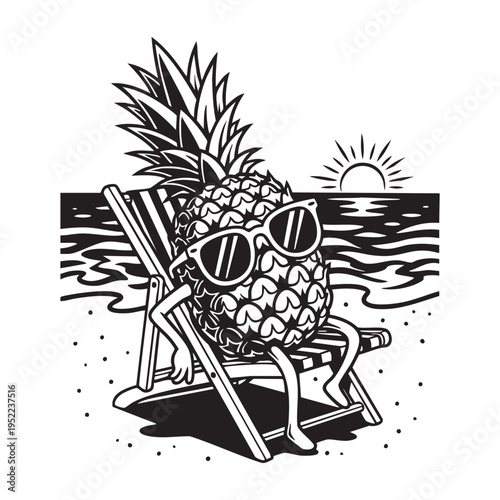 A cheerful pineapple relaxes on a beach chair wearing sunglasses with a sunset backdrop high quality