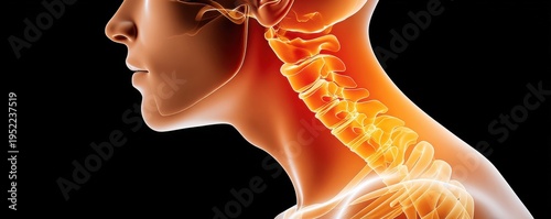 X-ray style illustration of human cervical spine highlighting neck pain and inflammation