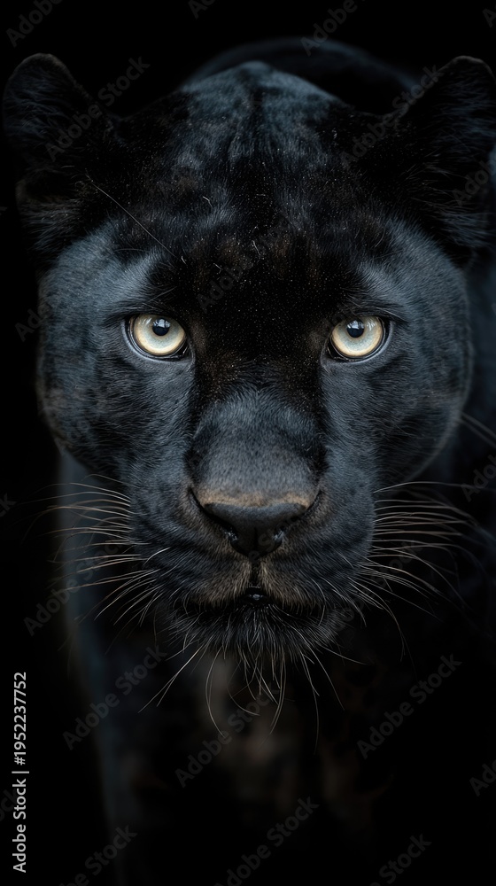 Obraz premium Black panther looking into the camera on black background. African wildlife concept
