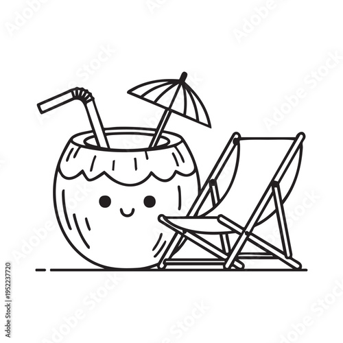 A cheerful coconut drink with a straw rests near a beach chair and umbrella illustration