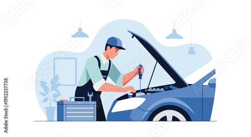 Mechanic Repairing Car in Auto Mobile Machine Repair Workshop Garage