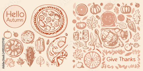 Autumn harvest illustration with food foliage and festive greetings