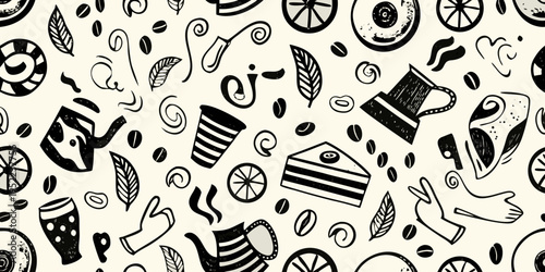Hand drawn black and white pattern featuring coffee tea and dessert elements