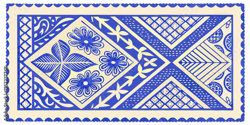 Blue and white geometric pattern resembling a vintage postage stamp