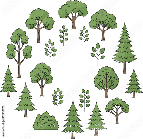 Comprehensive Vector Collection of Various Deciduous and Coniferous Trees Arranged in a Decorative Circular Frame for Nature and Forest Landscape Design