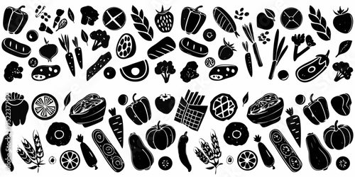 Assorted vegetables and fruits in a black and white doodle illustration