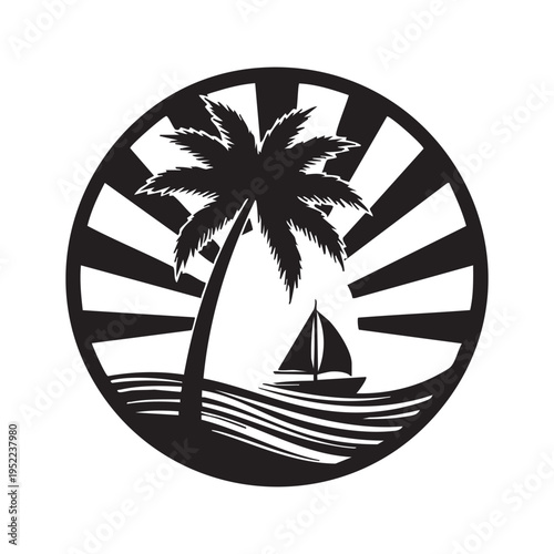 A black and white circular illustration depicts a tropical scene with a palm tree sailboat and sun