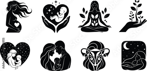 Motherhood pregnancy silhouettes collection, maternal care icons set, pregnant woman, fetus, family love, fertility symbols, wellness and parenting illustration