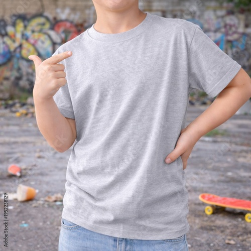 Kid Wearing Blank Gray T Shirt Mockup Street Graffiti Background