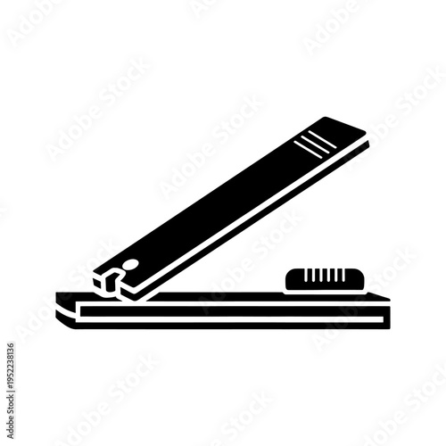 A minimalist black and white illustration of a nail clipper showing its functional design silhouette