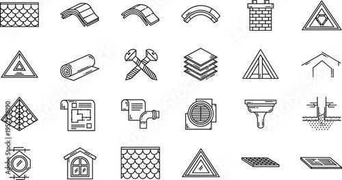 Roof Construction Icon Set Vector Illustration with Roofing Materials Tools Chimney Gutter and House Repair Symbols for Building and Architecture Design
