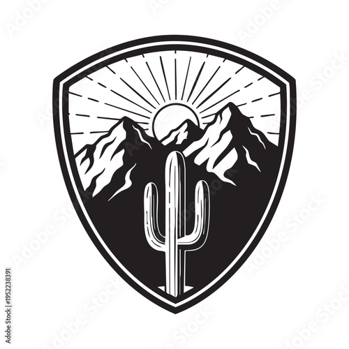 A black and white emblem depicts a desert landscape with mountains cactus and a rising sun
