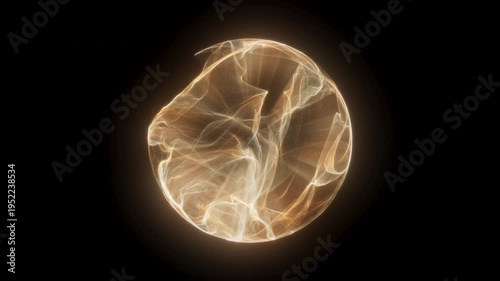 Abstract magical orb glowing in warm golden light, floating against a black background. Framed centrally with swirling translucent energy, creating a mystical, cosmic. 4K, 30fps, Alpha