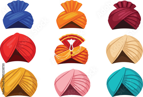 Turban Icon Set Vector Illustration with Traditional Headwear in Various Colors and Cultural Styles