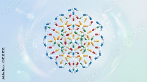 Colorful pharmaceutical capsules forming geometric medical network pattern on soft background