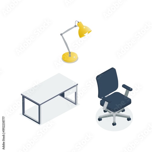 Modern Minimalist Office Furniture Isometric Set with Desk Chair and Lamp