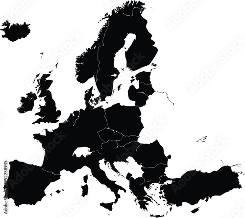 Black silhouette map of Europe with country borders white background