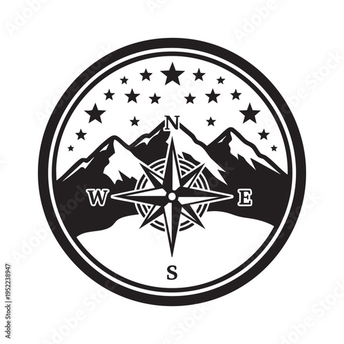 A black and white compass design features mountains stars and directional indicators within a circular frame