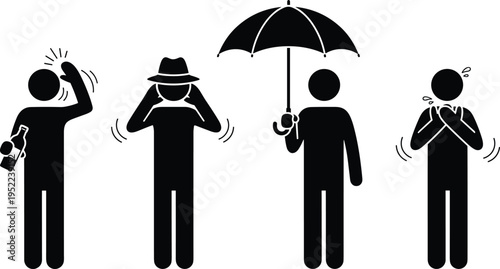 Human behavior stick figure icons set, headache drinking secrecy umbrella protection and cold symptoms pictogram vector illustration