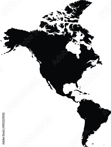 Black Silhouette Map of Americas on White Background