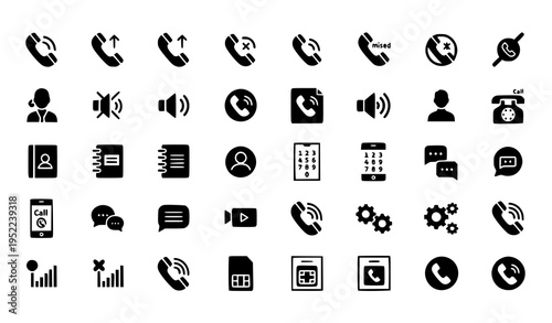 Telephone Glyph Solid Icons Set with Calling Communication Chat Contact and Mobile UI Symbols Vector