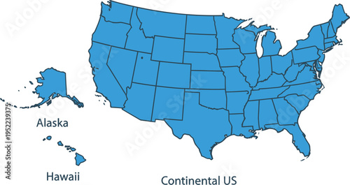 Blue map of the United States geography America