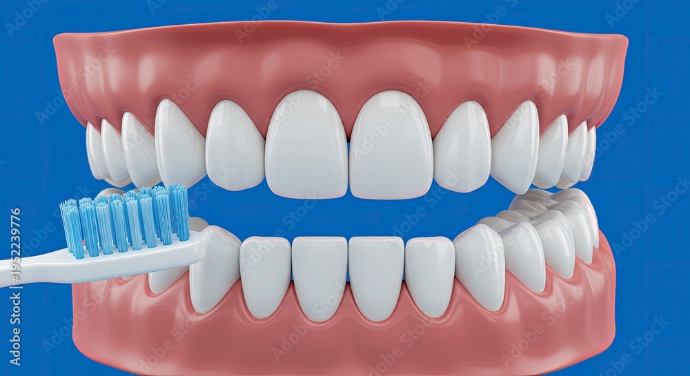 Obraz premium Close up of a tooth model with toothbrush on blue background