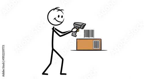 Stick figure scanning barcode on box.