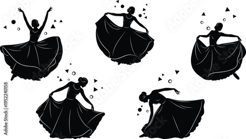 Elegant dancer silhouettes collection, flowing dress movements, ballet poses, artistic female performance, modern decorative elements, isolated black illustration set