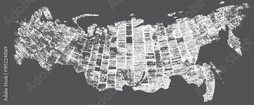 Map of russia filled with a white newspaper print texture on a dark grey background