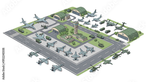 Military Air Force Base Isometric Illustration – Fighter Jets, Helicopters, Hangars and Defense Infrastructure Scene