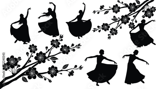 Dancer silhouettes with floral branches, graceful ballet poses, women dancing, artistic movement, decorative flowers, isolated black illustration set