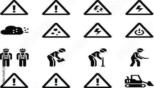 Construction site safety icons set featuring warning triangles electrical hazard symbols worker silhouettes and machinery signs for industrial health and safety manual design projects.