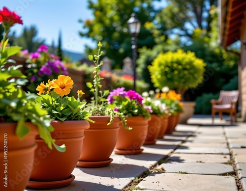 Sunlit Garden Patio with Colorful Ceramic Pots and Lush Flowers