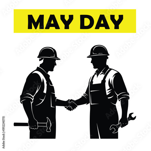 Vector illustration of two workers shaking hands on May Day