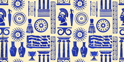 Ancient greek motifs and symbols in a repeating patterned design
