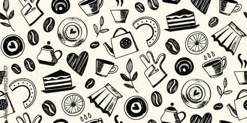 Black and white hand drawn pattern of coffee cake and tea elements