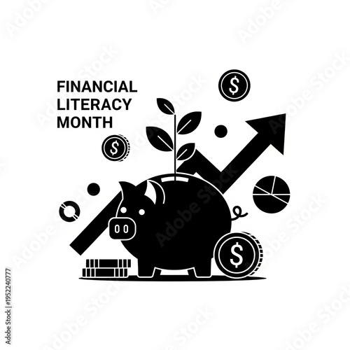 Financial Literacy Month icon set with piggy bank and growth