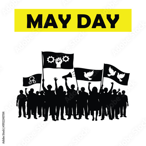 Vector illustration of May Day protest with raised fists and flags