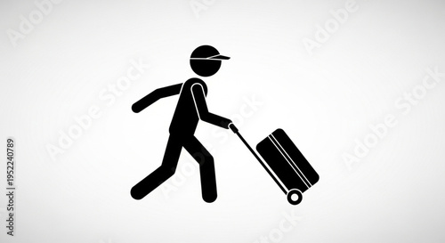 Stick figure traveler pulling a suitcase on wheels.