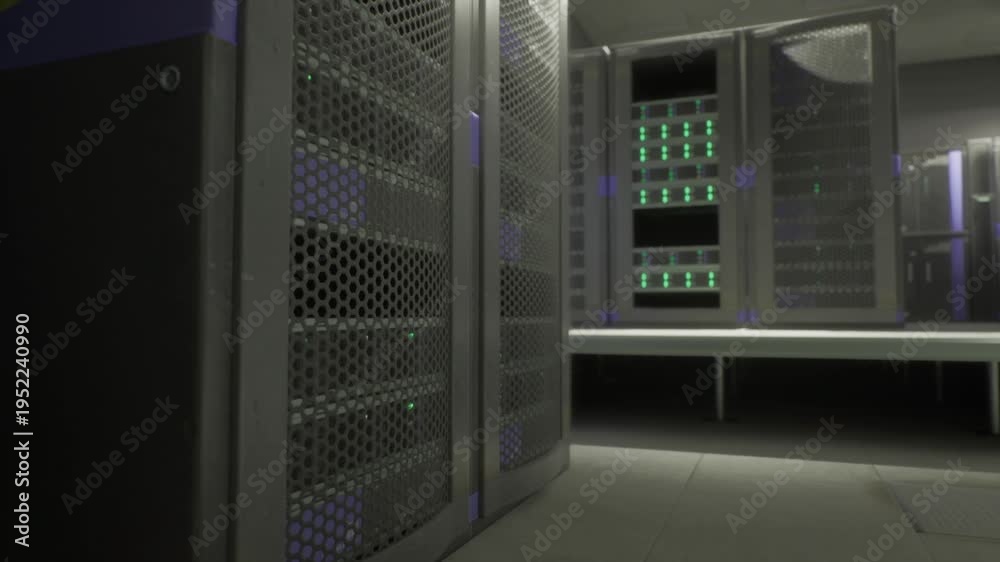 Server Rack Overhead Raised floor server racks lined along aisle, modular power distribution ...