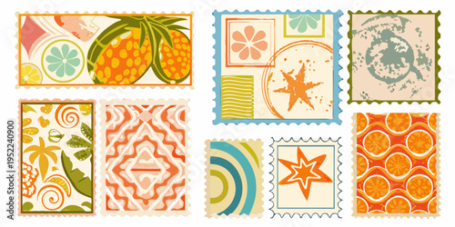 Collection of six colorful decorative postage stamps with fruity and floral designs
