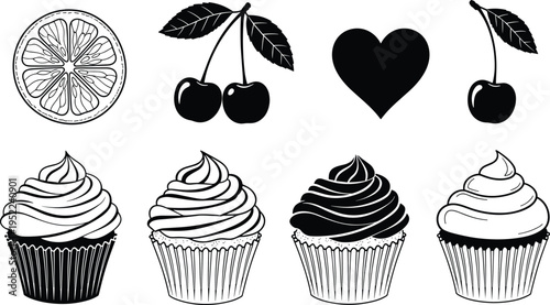 Cupcake cherry and lemon icons set, sweet dessert bakery elements with heart symbol, pastry vector illustration collection