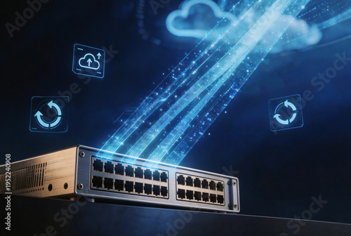 Cloud network connection visualization with network switch device emitting blue holographic light beams and data particles for technology website and cloud computing presentation