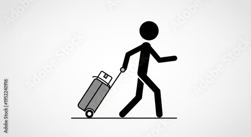 Stick figure traveler pulling wheeled luggage on a white background.