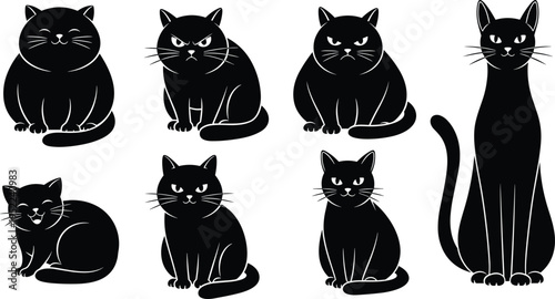 Cat silhouettes collection, cute and angry feline characters, sitting poses, domestic pet illustrations, isolated black animal design set