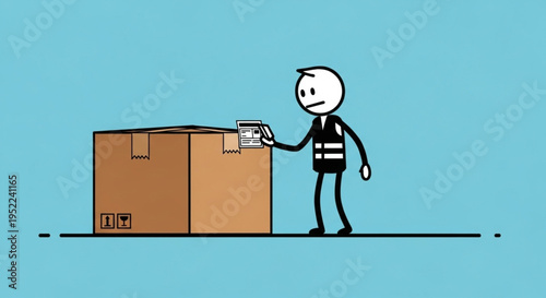 Stick figure worker places label on large cardboard box for shipping.