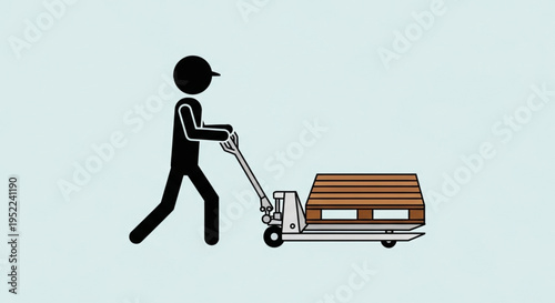 Stick figure worker pushing a pallet jack with a wooden crate.