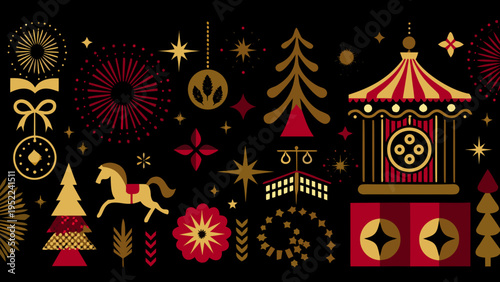 Vintage inspired christmas illustration with festive shapes and golden accents