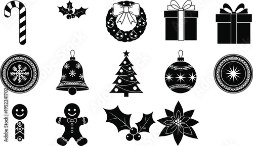 Christmas holiday icon set, candy cane wreath gift box bell tree ornament gingerbread festive winter symbols vector collection